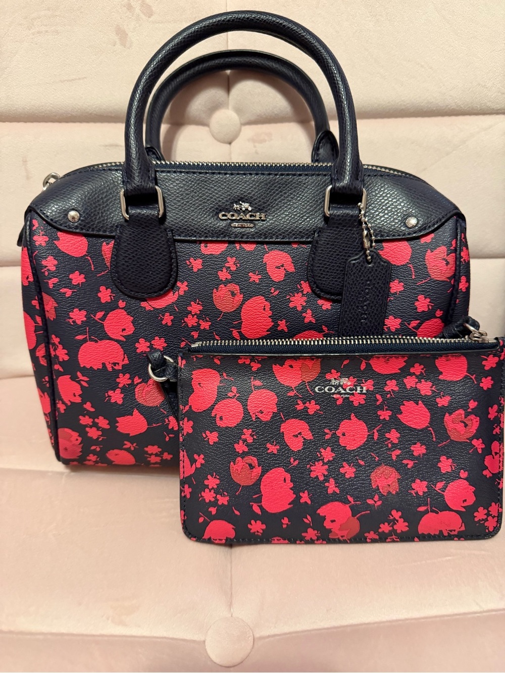 COACH Navy Satchel with Red Floral Pattern and Matching Pouch